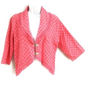 New Nanette Keller Jacket Blazer Clip Front Pink Crochet Fringe Collar Texture M